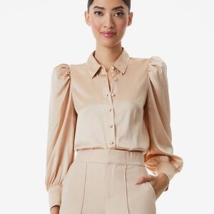 Alice + Olivia Blush Satin Puff-Sleeve Button-Up Blouse